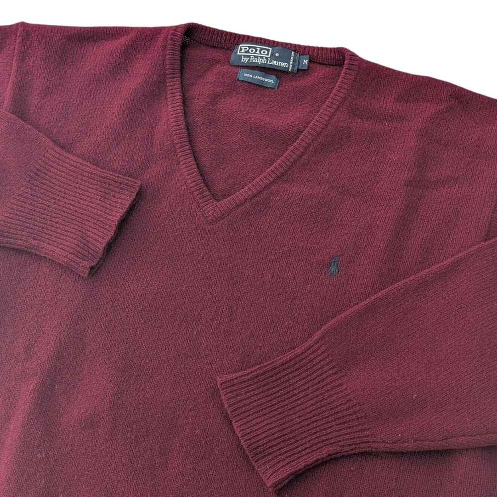 Polo Ralph Lauren Mens M Burgundy Lambswool V Neck Sweater Vintage Pony‎